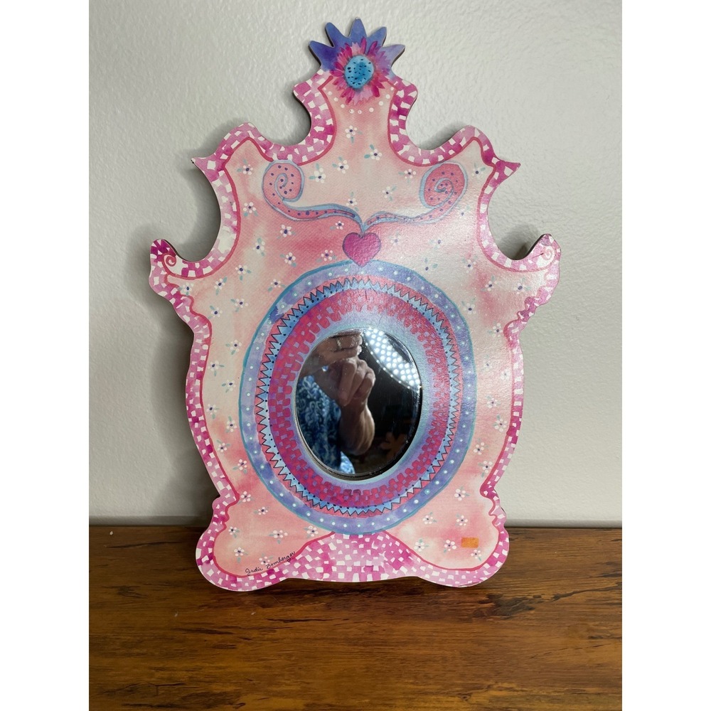 Judie Bomberger Hand Painted Wood Wall Mirror Whimsical Pink Folk Art Heart 12"